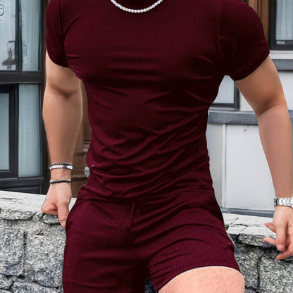 Men's Casual Two-Piece Set - Solid Color Short Sleeve Top & Drawstring Shorts - Buy Center US