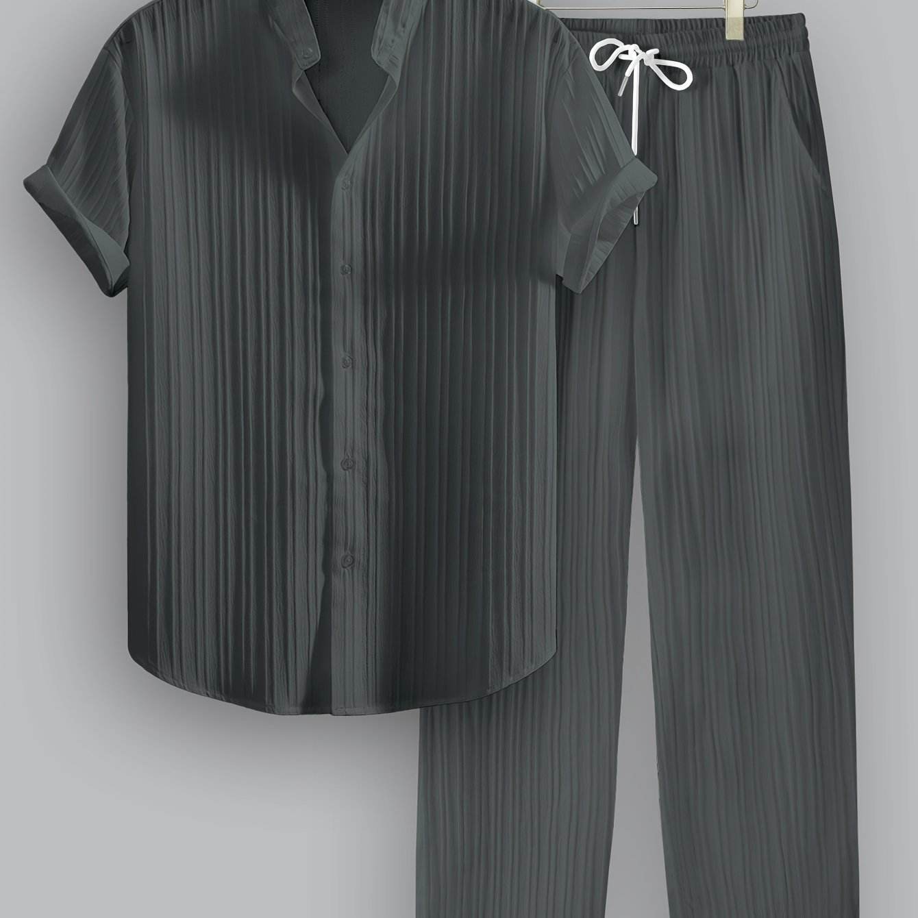 Men's Summer Casual Outfit Set - Striped Short Sleeve Shirt & Drawstring Pants - Buy Center US