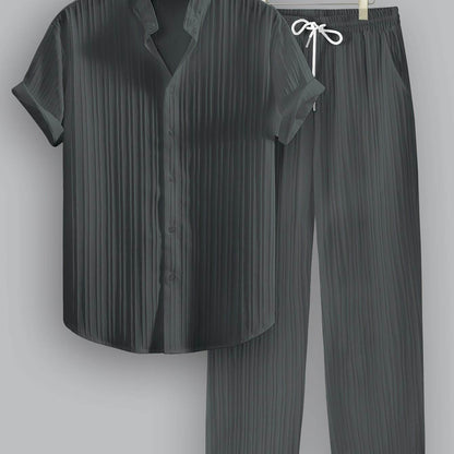 Men's Summer Casual Outfit Set - Striped Short Sleeve Shirt & Drawstring Pants - Buy Center US