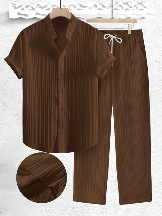 Men's Casual Summer Co-ord Set - Short Sleeve Shirt & Pants, Solid Color - Buy Center US