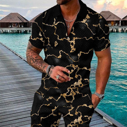 Men's Summer 3D Printed Geometric Zip Lapel Shirt Set - Hip Hop Style - Buy Center US