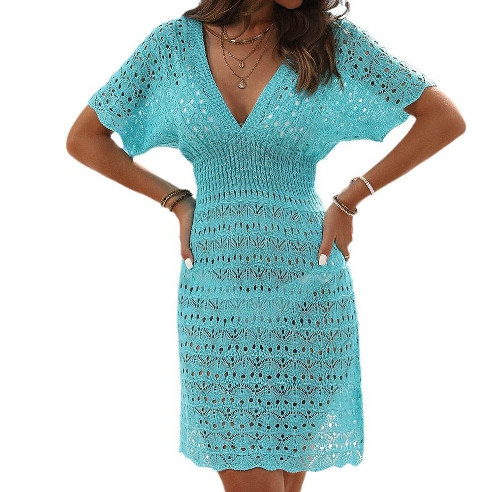 Ripple Hollow Out Dress - Deep V Neck, Elastic Polyester Fabric - Buy Center US