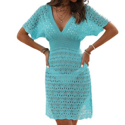 Ripple Hollow Out Dress - Deep V Neck, Elastic Polyester Fabric - Buy Center US