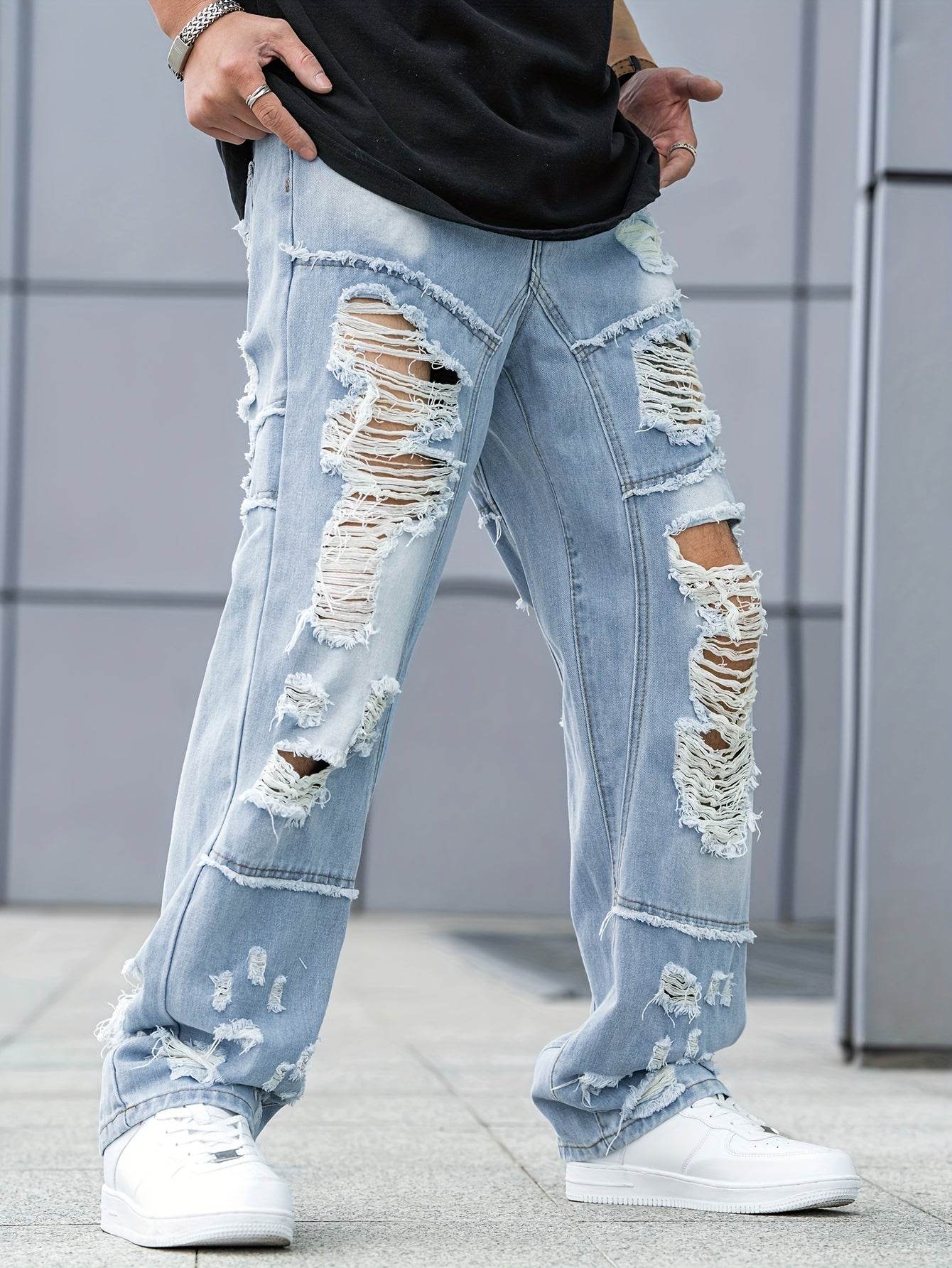 Urban Chic Men's Ripped Jeans - Loose Fit Wide Leg Design for Casual Wear - Buy Center US