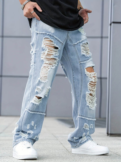 Urban Chic Men's Ripped Jeans - Loose Fit Wide Leg Design for Casual Wear - Buy Center US