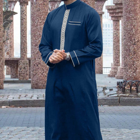 Buycenter Men's Long Sleeve Casual Ethnic Robe - Embroidered Plaid Design - Buy Center US