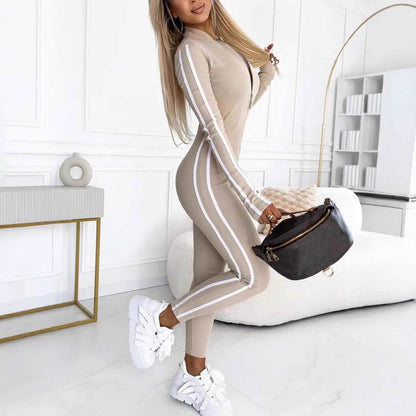Stylish Women's Slim Striped Jumpsuit - Half Zipper, Autumn Winter Fashion - Buy Center US