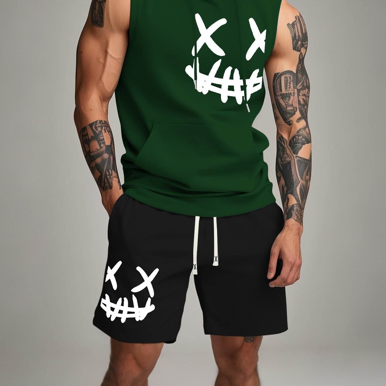 Men's Casual Hooded Tank Top & Shorts Set - Skull Print Summer Sportswear - Buy Center US