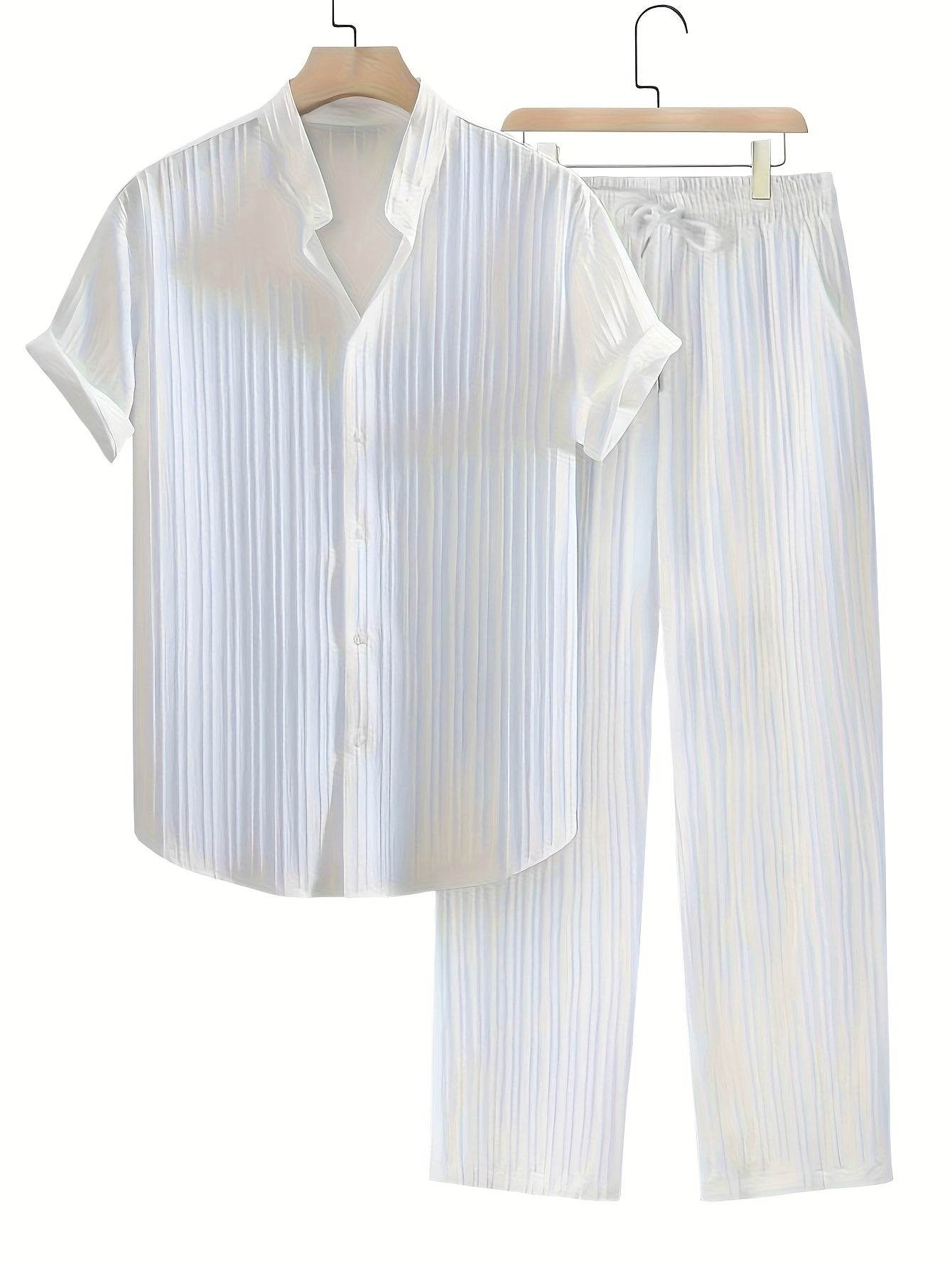 Men's Casual Spring/Summer Textured Stripe Short Sleeve Pants Set - Buy Center US