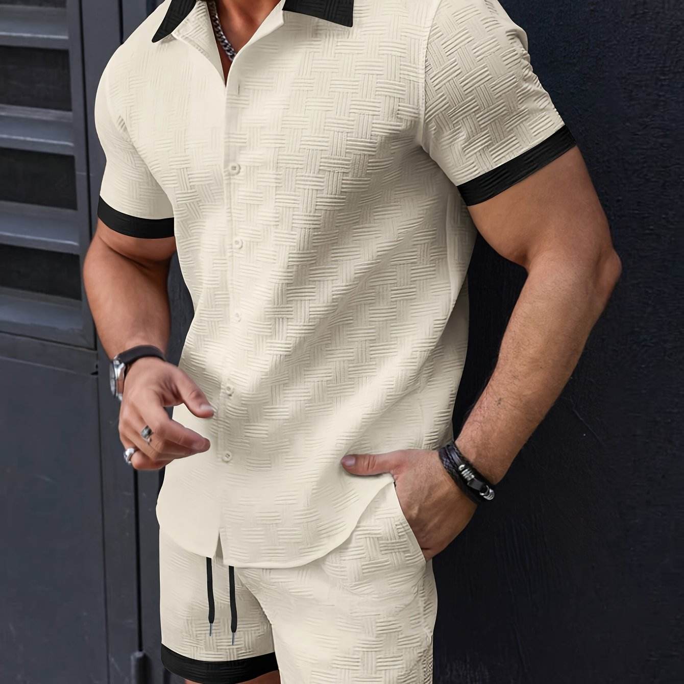 Men's Summer Casual Two-Piece Set - Solid Button Shirt & Drawstring Pants - Buy Center US