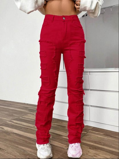 Women's Embroidered Straight-Leg Jeans - Fashionable Patchwork Design - Buy Center US