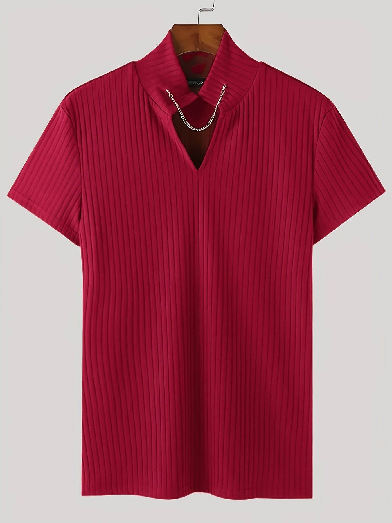 Men's Red V-Neck Striped Athletic Shirt - Slim Fit Short Sleeve Top - Buy Center US