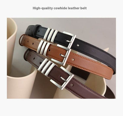 Genuine Cowhide Leather Belt for Women - Stylish Pin Buckle, 100CM - Buy Center US