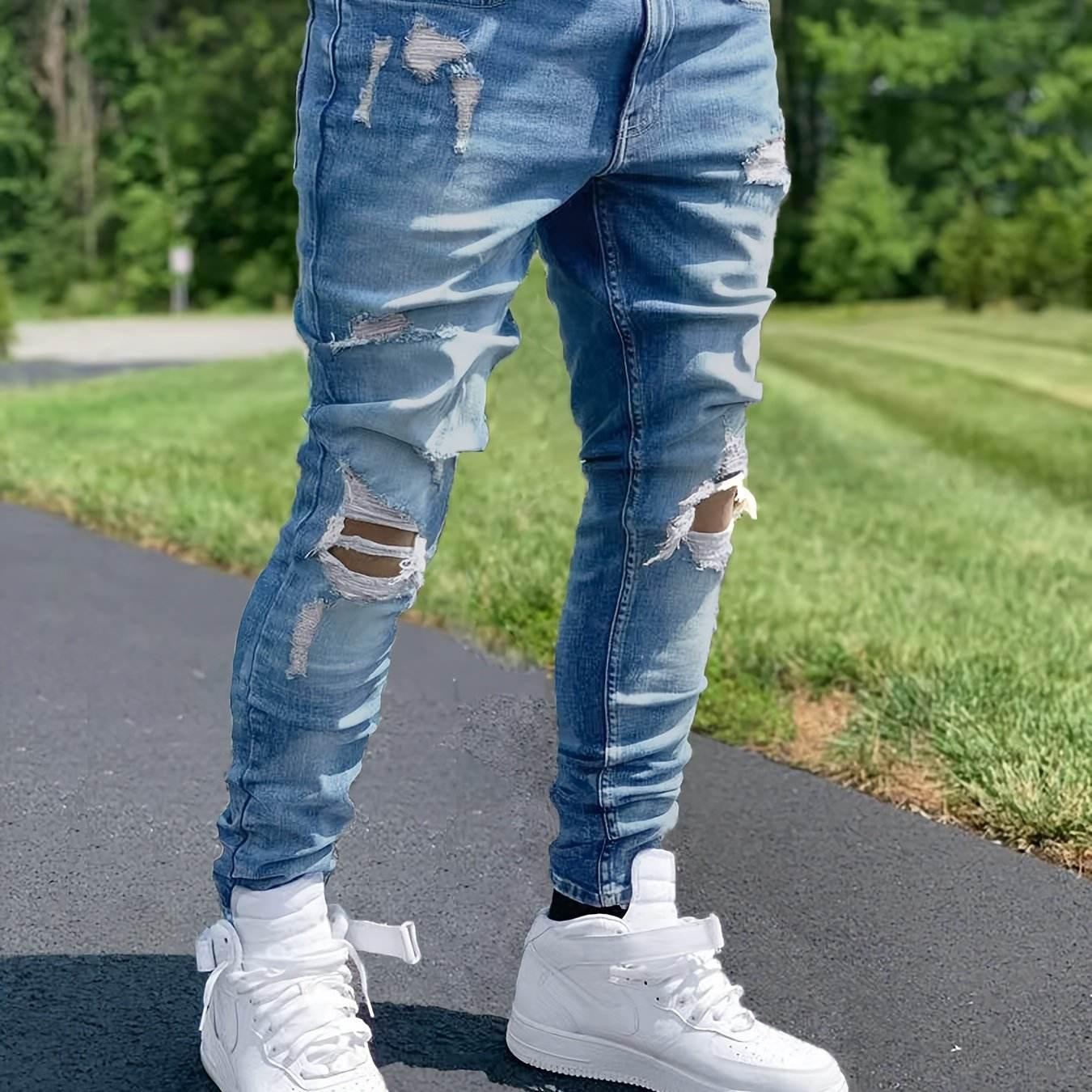 Men's Casual Ripped Jeans - Slim Fit Denim Pants for Everyday Style - Buy Center US