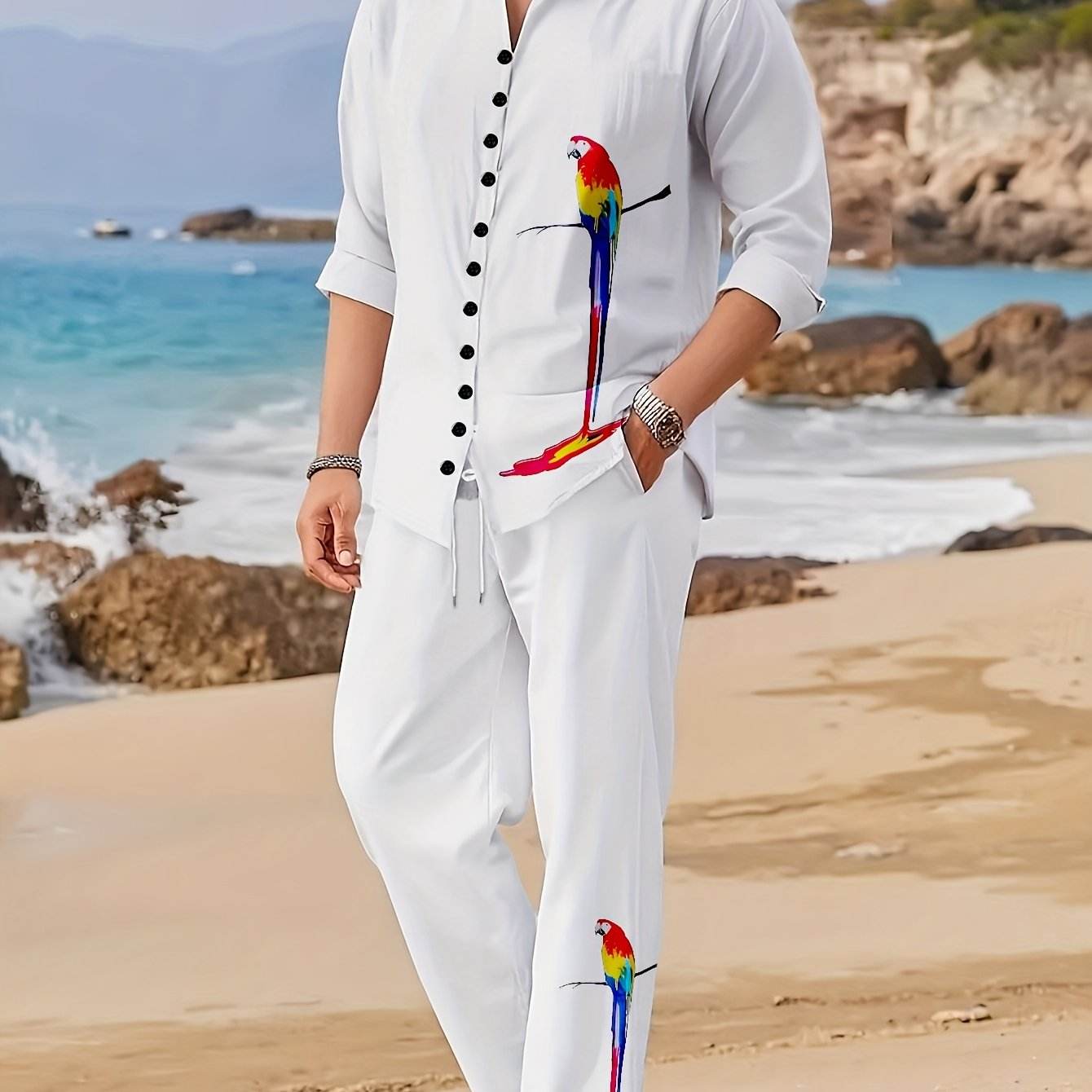 Men's Casual Mandarin Collar Suit - Parrot Print, Regular Fit, All Seasons - Buy Center US