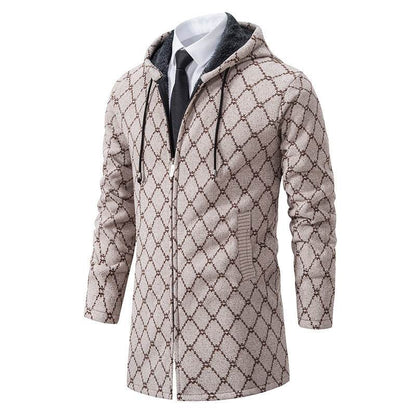 Buycenter Men's Casual Hooded Coat - Mid-Length Plaid Sweater Jacket - Buy Center US