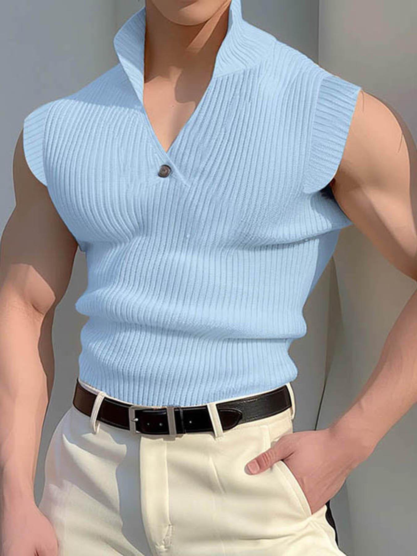 Men's Casual Ribbed Knit Sleeveless Shirt - Lapel Collar Button-Up Tank - Buy Center US