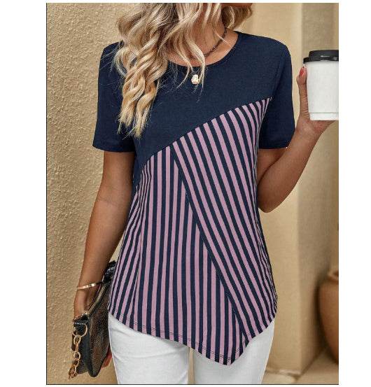 Women's Striped Casual T-Shirt - Color Matching, Short Sleeve Crew Neck - Buy Center US