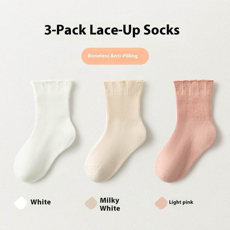 Girls' Lace Cotton Socks - Breathable Medium Calf, 3 Pairs Set - Buy Center US