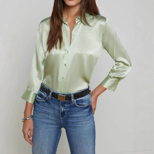Women's Satin Rayon Shirt - Elegant Solid Color Top with Lapel Design - Buy Center US