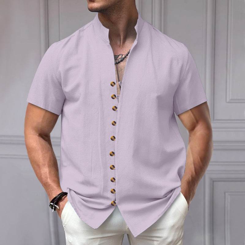 Buycenter Linen Button Stand Collar Shirt - Short Sleeve, Loose Fit - Buy Center US