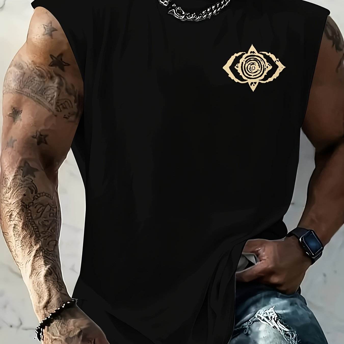 Men's Vintage Patterned Sleeveless Top - Casual Crew Neck Design - Buy Center US