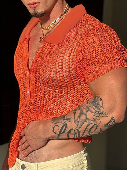 INCERUN Men's Bright Orange Mesh Shirt - Sheer Short Sleeve Collared Top - Buy Center US
