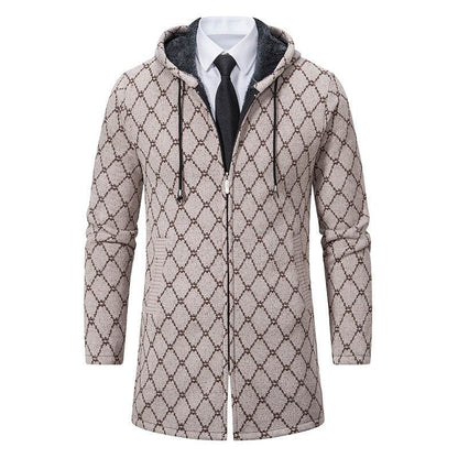 Buycenter Men's Casual Hooded Coat - Mid-Length Plaid Sweater Jacket - Buy Center US