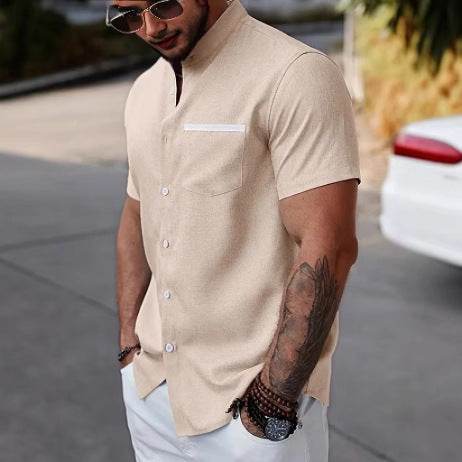 Men's Linen Contrast Color Short Sleeve Shirt - Casual Fit, Multiple Colors - Buy Center US