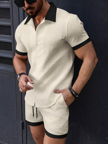 Men's Summer Casual Two-Piece Set - Solid Button Shirt & Drawstring Pants - Buy Center US