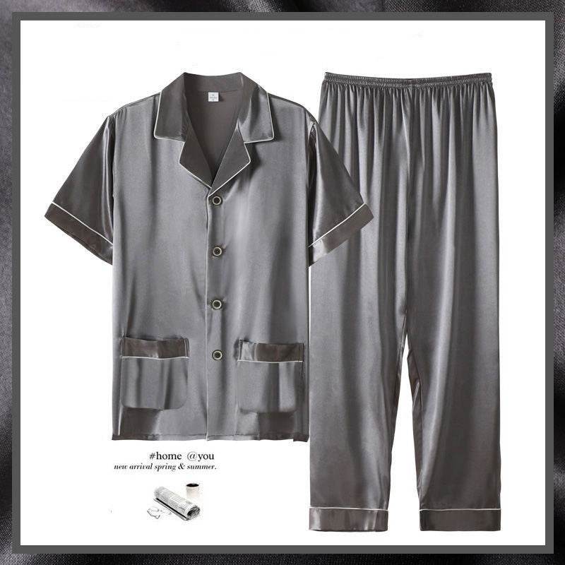 Buycenter Men's Summer Short Sleeve Trousers Suit - Thin Ice Silk Homewear - Buy Center US