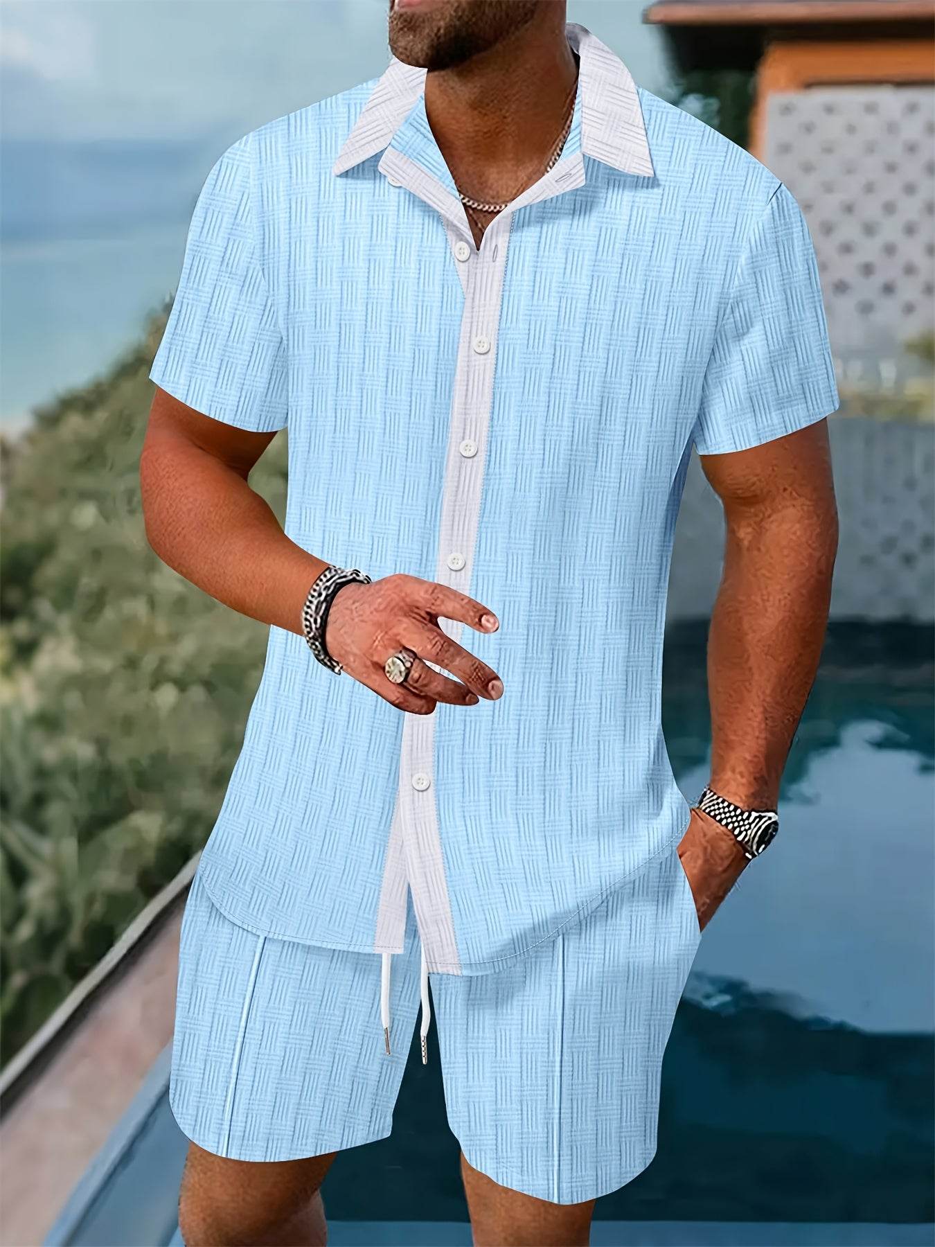 Men’s Summer Jacquard Shirt & Shorts Set - Casual Sports Outfit - Buy Center US