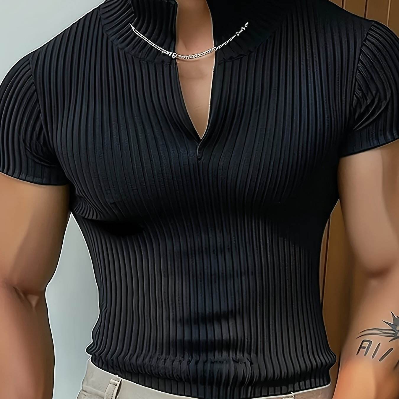 Men's Red V-Neck Striped Athletic Shirt - Slim Fit Short Sleeve Top - Buy Center US