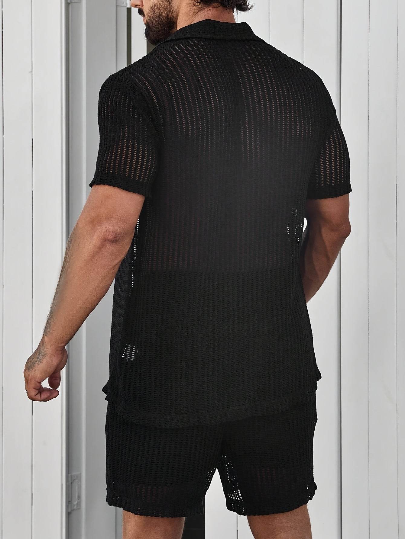 Men's Casual Hollow Short-Sleeved Set - Summer Shirt & Drawstring Shorts - Buy Center US