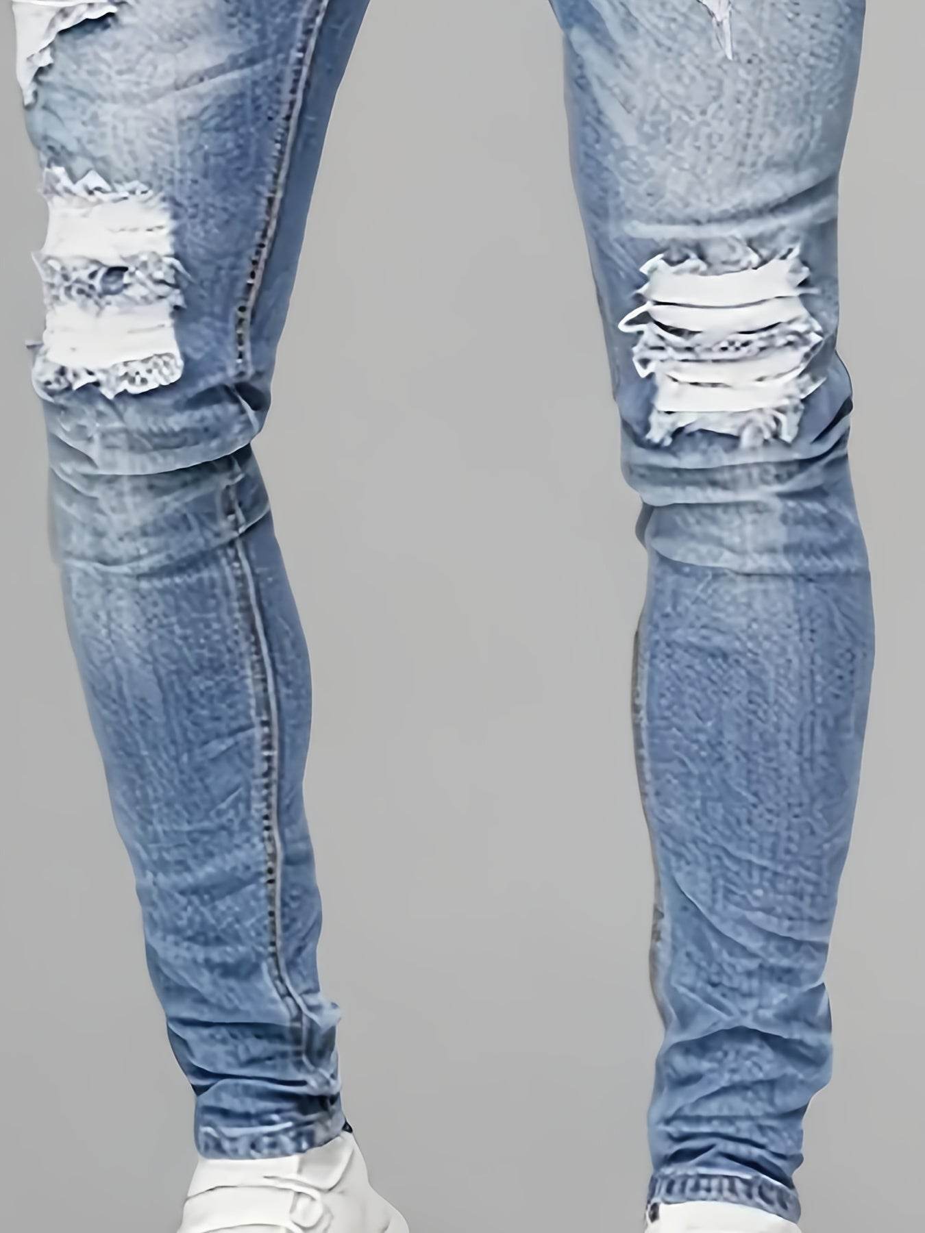 Men's Light Washed Blue Jeans - Casual Stretch Denim, Geometric Pattern - Buy Center US