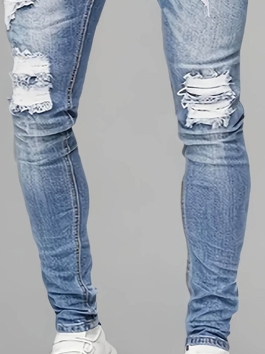 Men's Light Washed Blue Jeans - Casual Stretch Denim, Geometric Pattern - Buy Center US