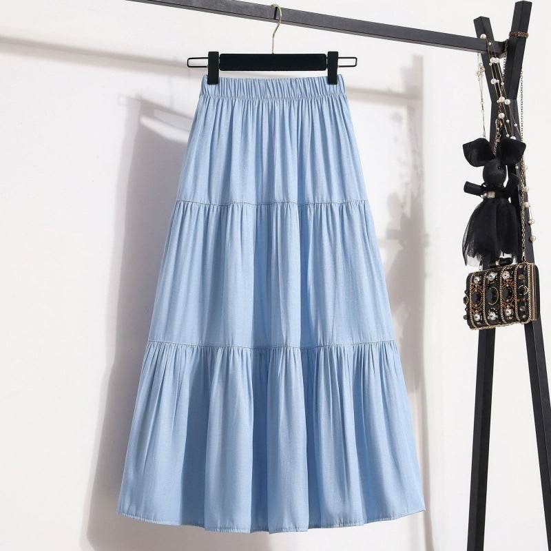 All-Match Ice Silk Denim Skirt for Women - Elastic Waist, A-Line Design - Buy Center US