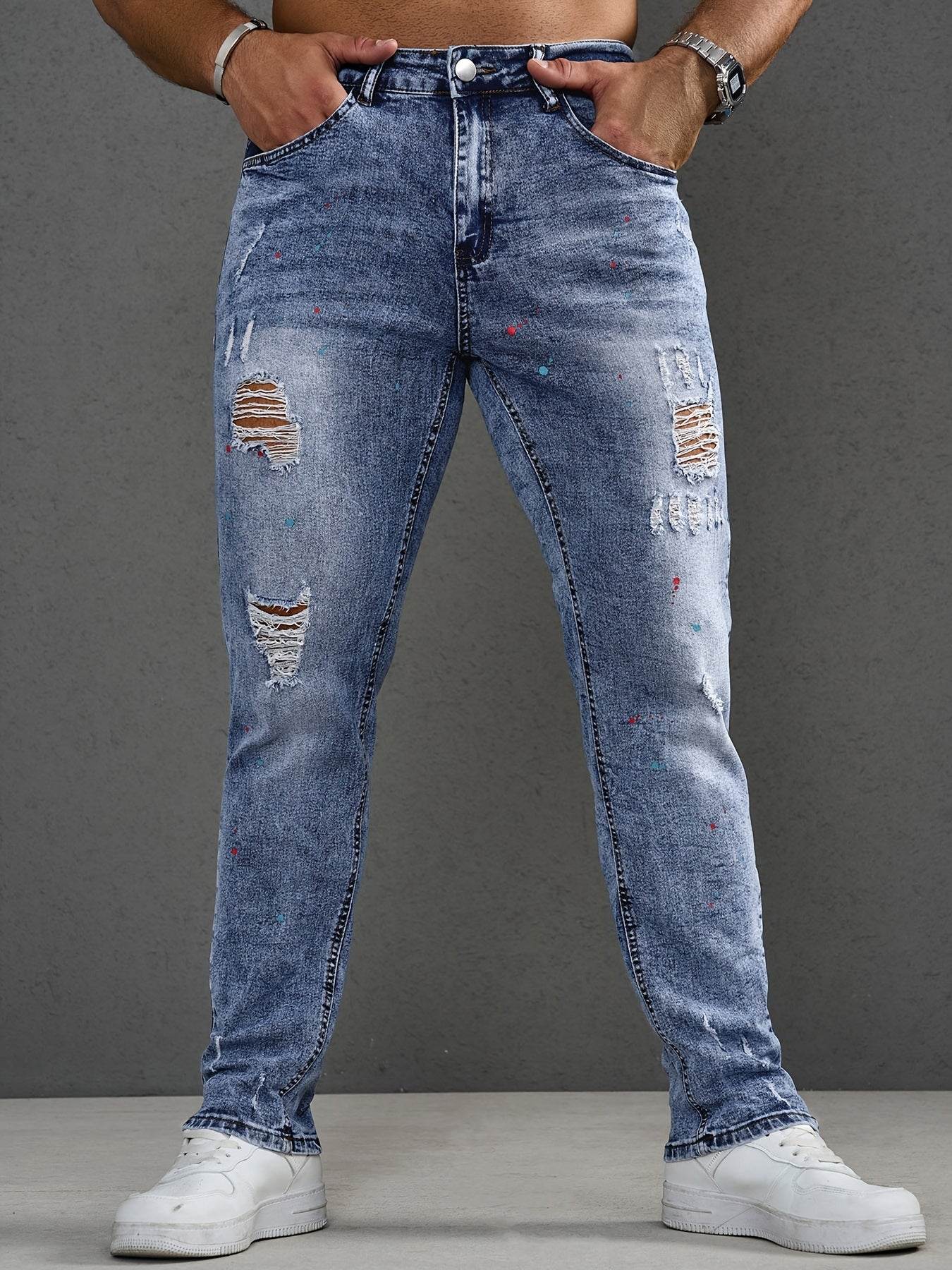 Men's Distressed Skinny Jeans - Stretchy Casual Pants with Frayed Hem - Buy Center US