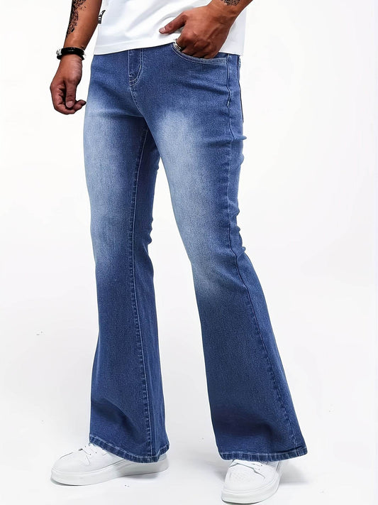 Men's Stretch Flare Jeans - Extra Long Washed Blue Casual Fit Denim - Buy Center US