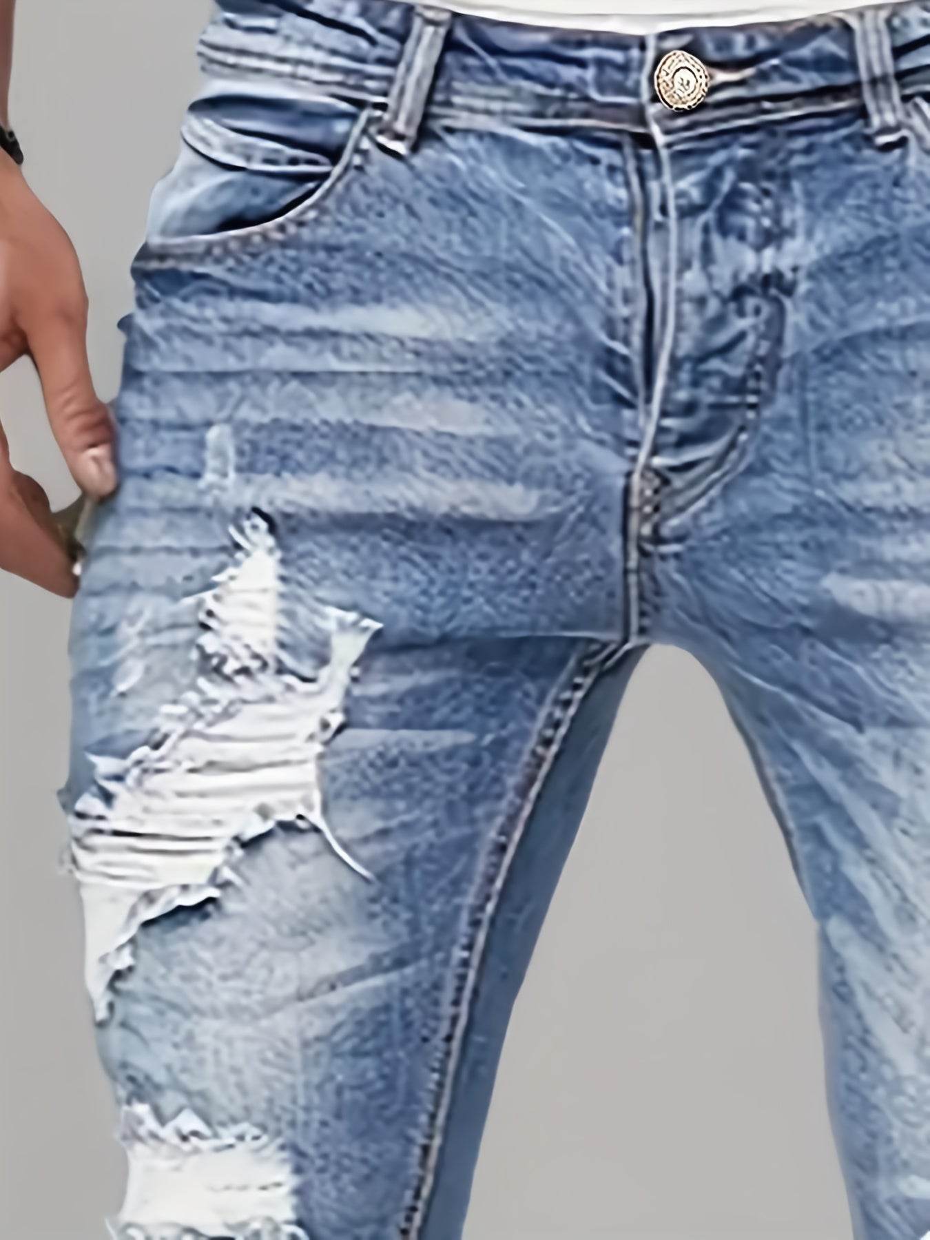Men's Light Washed Blue Jeans - Casual Stretch Denim, Geometric Pattern - Buy Center US
