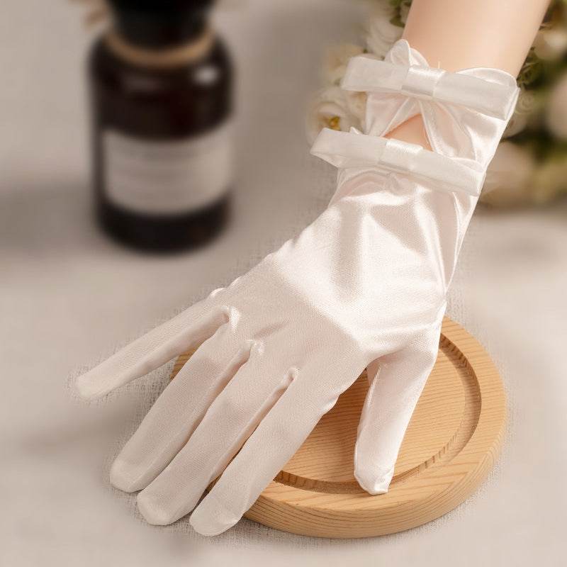 White Satin Short Gloves with Lace & Pearl - Elegant Fashion Accessory - Buy Center US