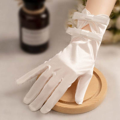 White Satin Short Gloves with Lace & Pearl - Elegant Fashion Accessory - Buy Center US