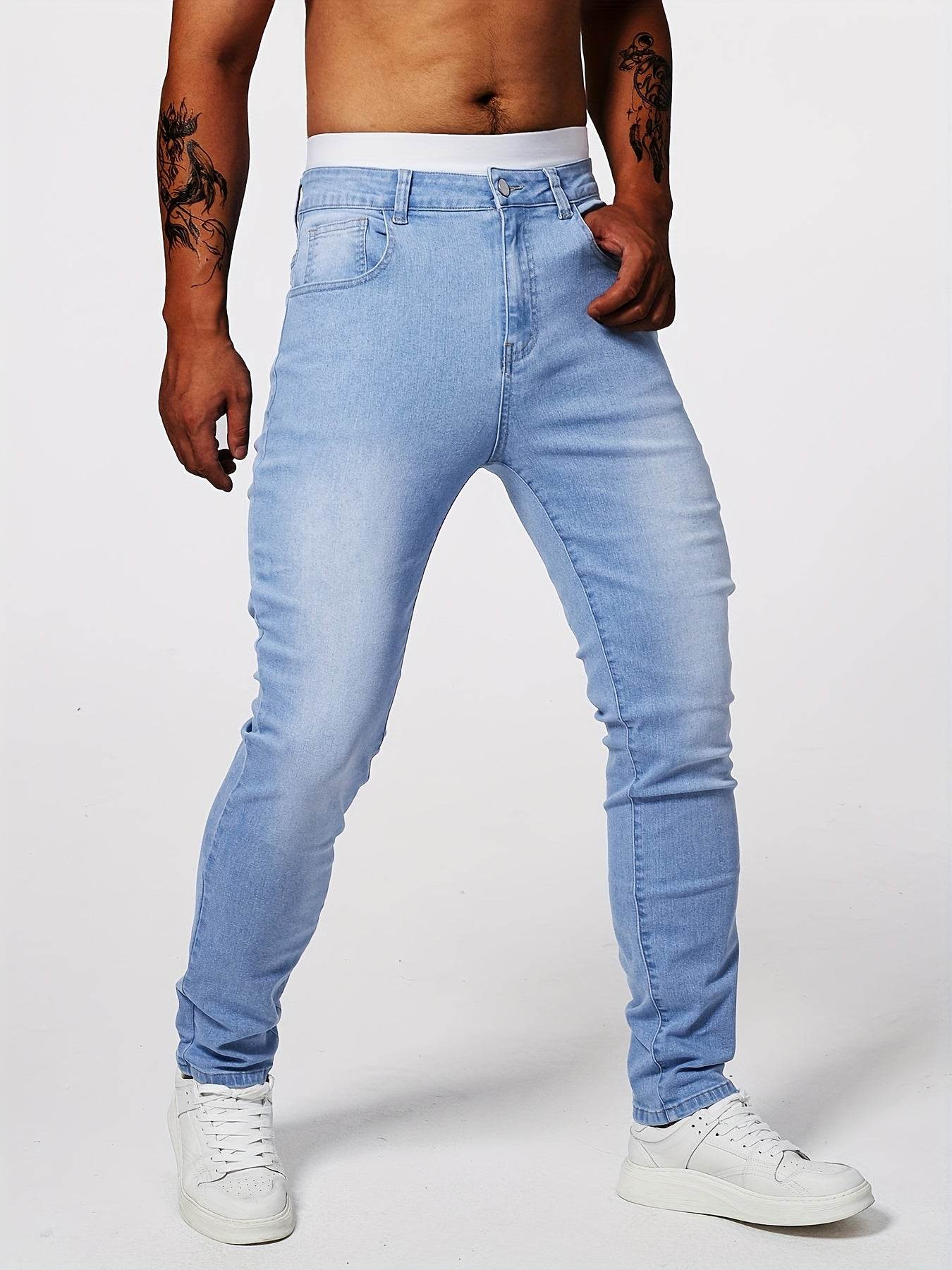 Slim-Fit Men's Solid Denim Pants - Casual Cotton Blend for Outdoors - Buy Center US