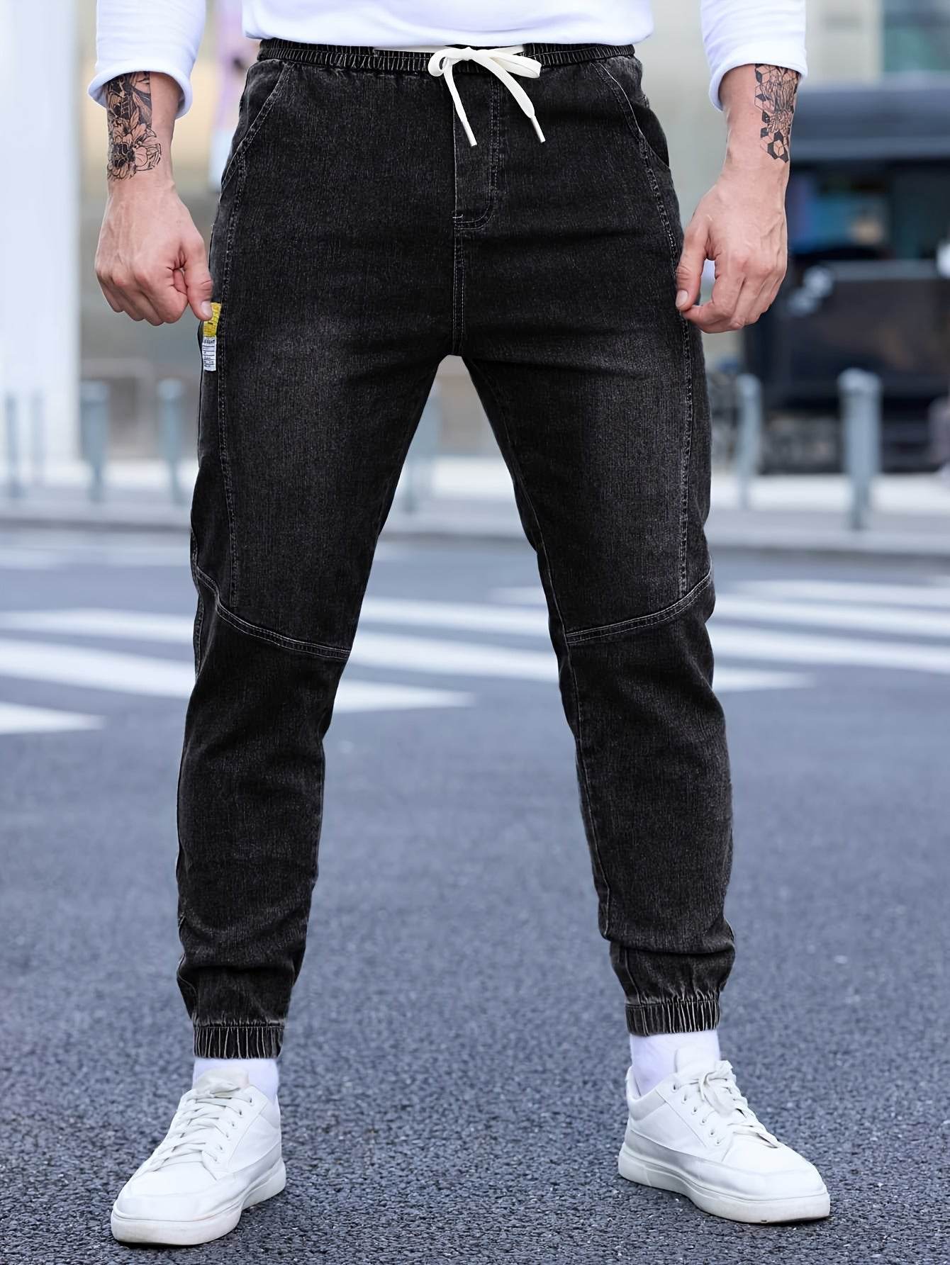 Men's Cropped Denim Pants with Pockets - Casual Drawstring Cotton Blend - Buy Center US