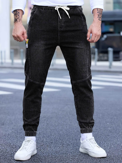 Men's Cropped Denim Pants with Pockets - Casual Drawstring Cotton Blend - Buy Center US