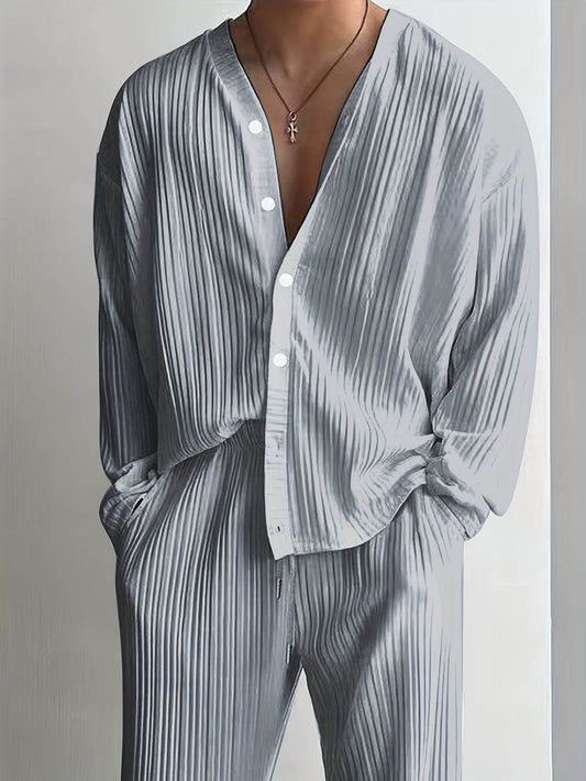 Men's Elegant Striped Button-Up Shirt & Pants Set - V-Neck Beach Attire - Buy Center US