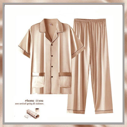 Buycenter Men's Summer Short Sleeve Trousers Suit - Thin Ice Silk Homewear - Buy Center US