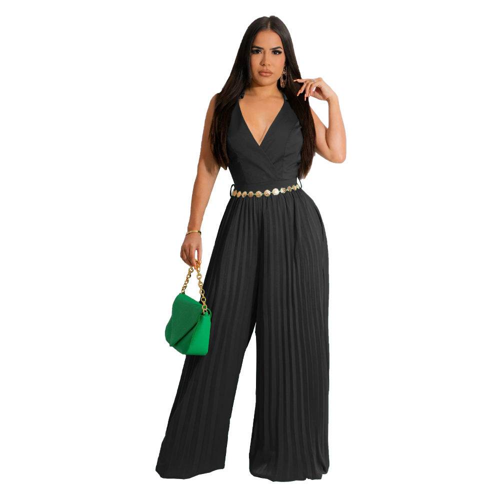 Cinched Pleated Wide Leg Jumpsuit - High Elasticity, Stylish Fit - Buy Center US
