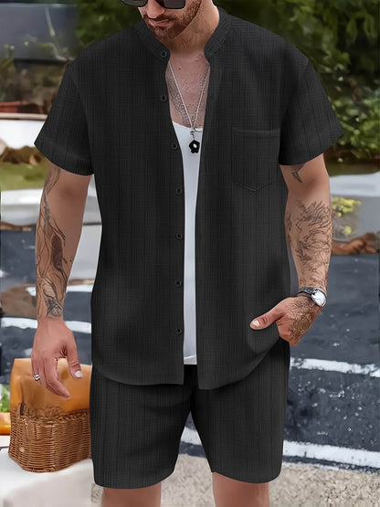 Men's Summer Casual 2-Piece Beach Outfit - Striped Short Sleeve Shirt & Shorts - Buy Center US
