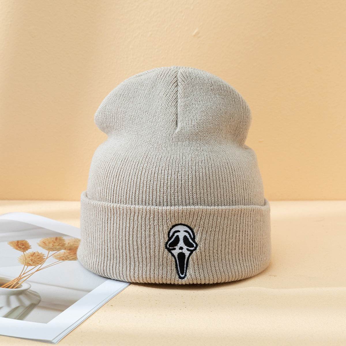 Buycenter Dark Embroidered Ghost Face Knitted Hat - Stylish Winter Accessory - Buy Center US